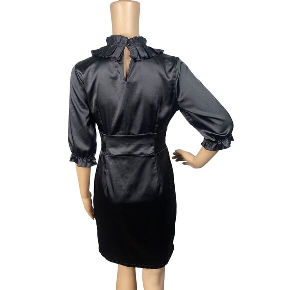 Vtg Y2K Black Satin Pleated Ruffle High Neck Sheath Dress SZ M - Picture 7 of 10